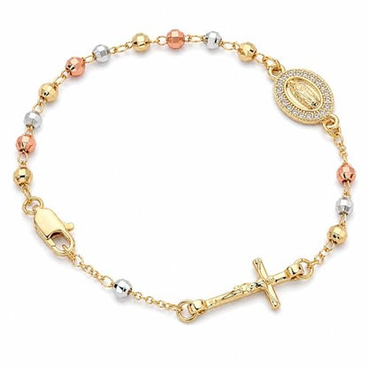 Gold Rosary Bracelet for Women Virgin Mary Jesus Cross Charm Link Chain Golden Religious Rosarios Catolicos Virgen de Guadalupe Bracelets Religious Jewelry Gift for Confirmation Baptism First Communion Gift - color: GoldPink