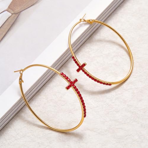 Large Cross Hoop Earrings for Women Sparkly Rhinestone Statement Jewelry for Prom Wedding Party Night Out Accessories Shiny Silver Tone Fashion Dangle Earings - color: Red