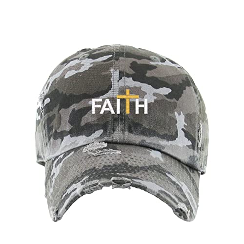 Faith with Cross Vintage Baseball Cap Embroidered Cotton Adjustable Distressed Dad Hat - color: Gray Camo
