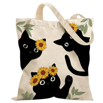 Canvas Tote Bags Reusable Shopping Bag for Women with Zippered Inner Pocket Magnetic Snap Closure - color: Black Cat 3