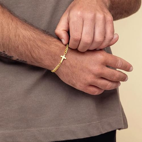 M MOOHAM Cross Bracelet for Men, Silver/14K Gold Plated Mens Bracelet - color: " 14K Gold Plated Cuban Chain-8.3Inch