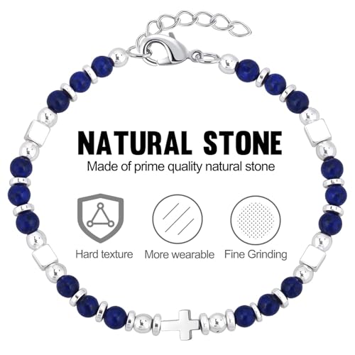 Beaded Bracelets for Women, Inspirational Natural Gemstone Bracelets Graduation Mothers Day Christmas Birthday Gifts for Mom, Daughter, Granddaughter, Wife, Sister, Best Friend - color: Lapis Lazuli, style: Cross