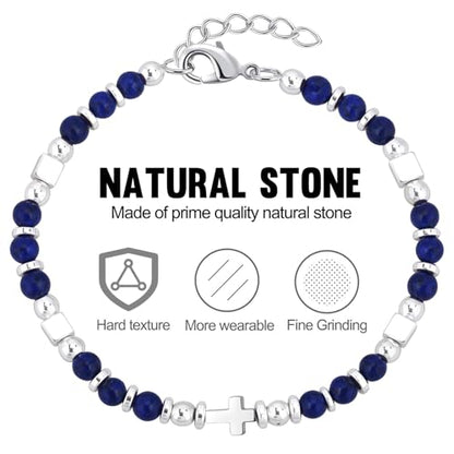 Beaded Bracelets for Women, Inspirational Natural Gemstone Bracelets Graduation Mothers Day Christmas Birthday Gifts for Mom, Daughter, Granddaughter, Wife, Sister, Best Friend - color: Lapis Lazuli, style: Cross