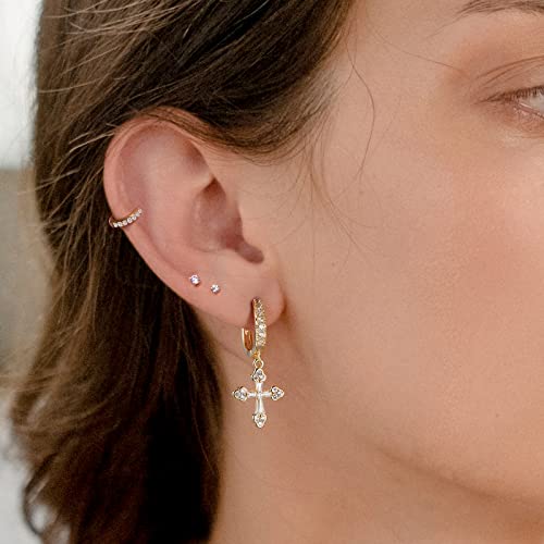 KissYan 14K Gold Plated Huggie Earrings for Women, S925 Sterling Silver Small CZ Cross Hoop Dangle Drop Earrings, Hypoallergenic Dainty Handmade Jewelry - style: Cross