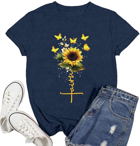 Womens Christian Shirts Faith Cross Sunflower Butterfly T-Shirt Bible Verse Religious Tee Tops - color: Blue, size: X-Large