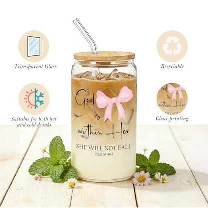 IWXYI Pink Coquette Bow Christian Glass Cup with Lids and Straws 14oz, God Is within Her She Will Not Fall Bible Verse Religious Iced Coffee Tea Drinking Glasses with Cleaning Brush - color: Pink bow