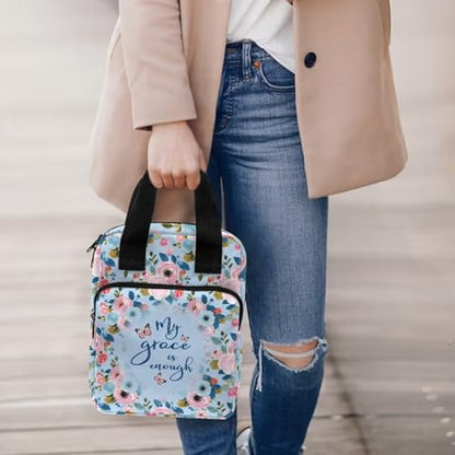 Bible Cover Bag for Women Men, My Grace is Enough, Scripture Study Carrying Book Cover Church Bag with Handle and Pocket for Fathers Mothers Mom Kids, Christian Gifts - color: Poppy Flower Butterfly