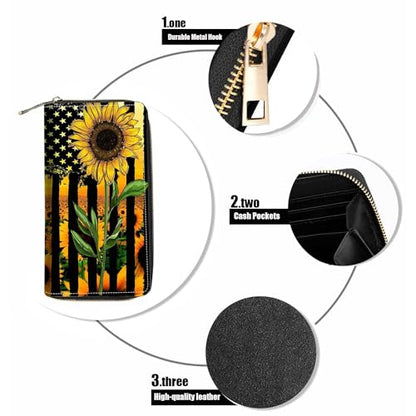 American Flag Sunflower Print Wallet for Women Large Capacity Wallet Credit Card Holder PU Leather Zipper Clutch Purse Phone Wallet - color: American Flag Sunflower