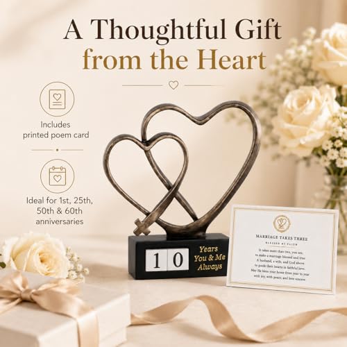 Wedding Anniversary Couples Gift - 1st to 50th or 60th for Wife Parents Husband, Wedding Gift for Couple, Two Hearts Decor and Cross Sculpture with Rotating Year, Printed Poem Card