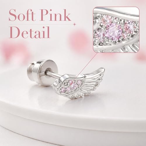 Angel Wing Stud Earrings for Women Silver Plated ﻿ - color: pink