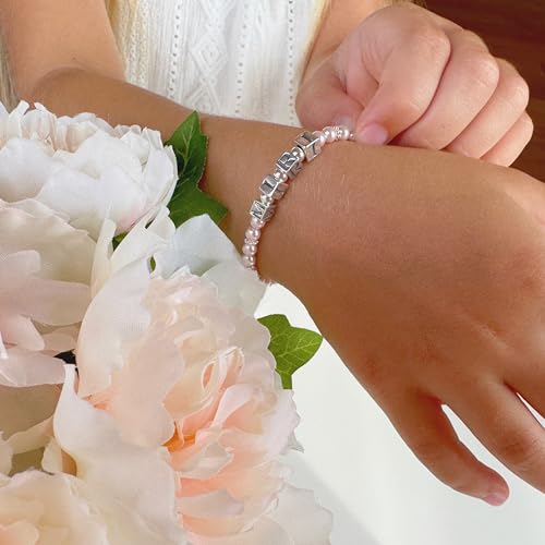 Baby Crystals Sterling Silver Cross Charm | White Pearl Baptism Bracelet - style: Personalized Birthstone Name