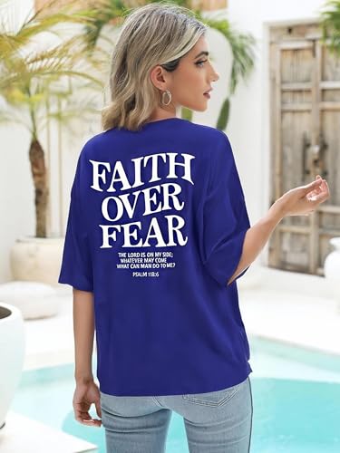Faith Over Fear Shirt for Women Graphic Shirts Oversized Graphic Christian Tshirts Tees Tops - color: Blue, size: Medium