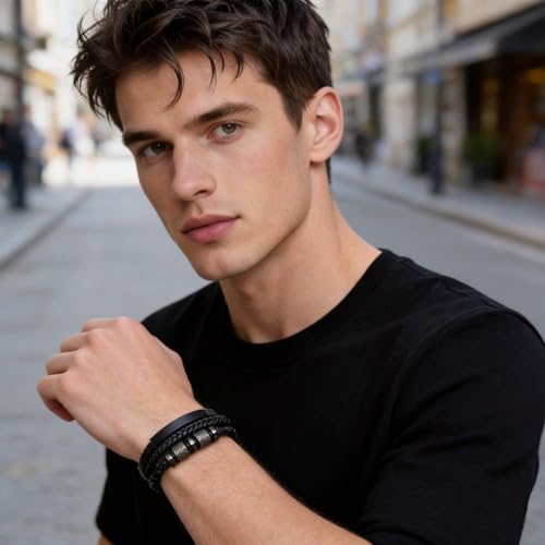 Kim Carrey Italian Handmade Leather Bracelets for Men - color: Pure Black, size: 8.2"