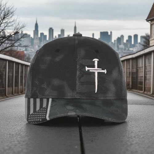 Christian Cross Baseball Cap, Religious Cross Design, Typhoon CAMO HAT Silver Embroidery Jesus Hat - Adjustable Buckle Back Hat. Free 4" Sacred Nails Faith Decal