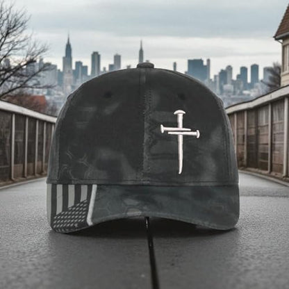 Christian Cross Baseball Cap, Religious Cross Design, Typhoon CAMO HAT Silver Embroidery Jesus Hat - Adjustable Buckle Back Hat. Free 4" Sacred Nails Faith Decal