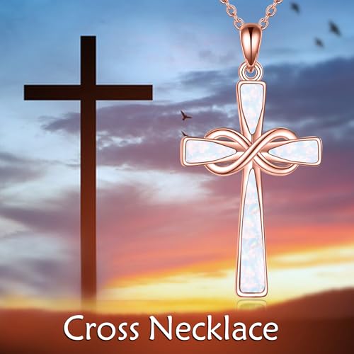 Infinity Cross Necklace S925 Sterling Silver Turquoise/Wooden/Opal/Abalone Cross Pendant Necklaces Christian Jewelry Gifts For Women - style: Rose Gold Opal Cross