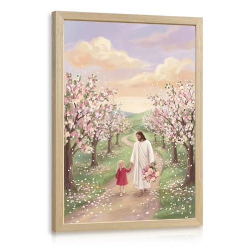 Dynazo Wood Framed Jesus and Child Walking Wall Art, Christian Nursery Wall Decor, Inspirational Religious Faith Poster Print, Floral Spring Artwork for Church Grils Bedroom Kids Room 12x16 Inch - color: LittleGirl, size: 16"L x 12"W
