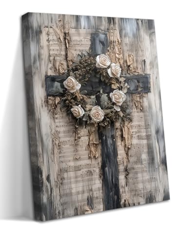 Vintage Cross Christian Wall Art, White Rose Wreath Canvas Paintings Prints Posters Wall Decor, Retro Religious Music Score Church Decor Suitable for Study Prayer Room 12x16 in Framed - color: Cross of Roses, size: 16"L x 12"W