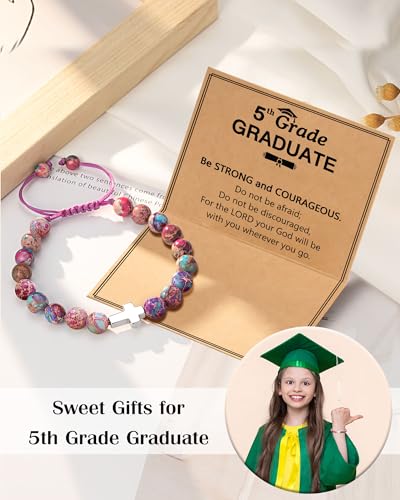 UPROMI Cross Bracelet for Girls Baptism Communion Confirmation Gifts, Kindergarten/Preschool/5th Grade/8th Grade Graduation Gifts - style: 5th Grade Grad