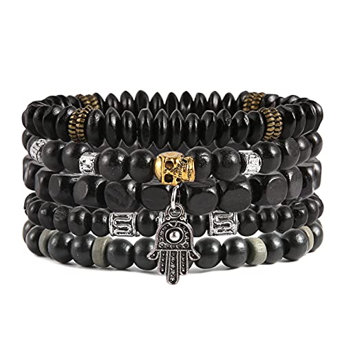 HZMAN Handmade Hemp Cords Wood Beads Leather Bracelets for Men Women - style: Hand of Fatima