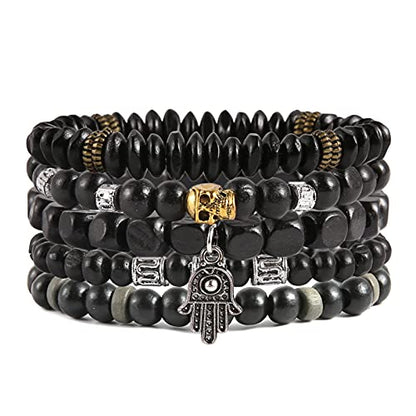 HZMAN Handmade Hemp Cords Wood Beads Leather Bracelets for Men Women - style: Hand of Fatima