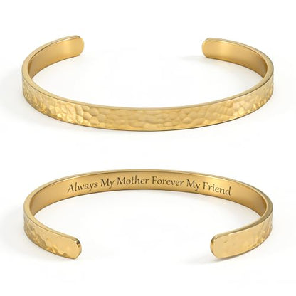Inspirational Bible Verse Cuff Bracelet for Women, 18K Gold Plated Hammered Bangle, Christian Faith Jewelry Gift, Adjustable Non Tarnish - color: Always My Mother Forever My Friend-Hammered Gold