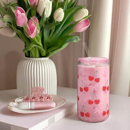 SANDJEST Cherry 16 Oz Can Glass Tumbler with Acrylic Lid and Straw - Iced Coffee Cups for Women, Aesthetic Glass Cup Gift for Birthday Christmas - color: Cherry