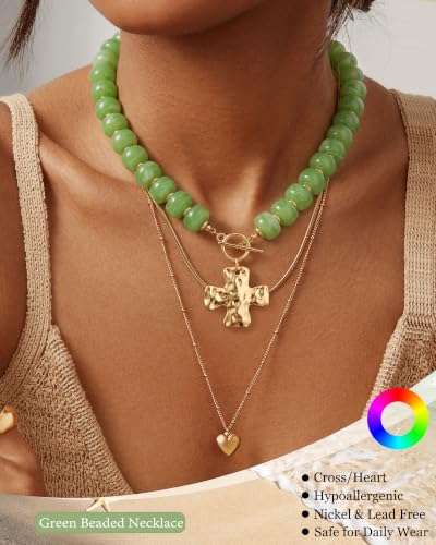 ZHESHY Chunky Beaded Necklaces for Women Heart Cross Statement Necklace - color: Green 1