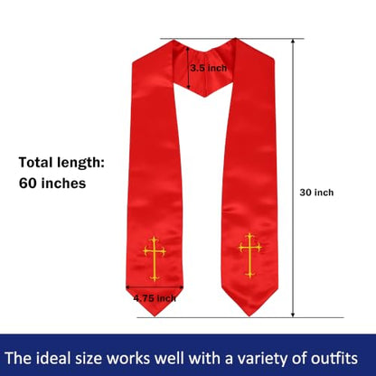 Clergy Stole, Choir Stole with Cross Embroidery 60'' - color: Red