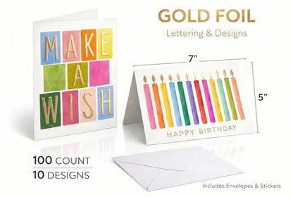 100 Pack Birthday Cards Bulk with Envelopes & Stickers, Large 5x7 Assorted Happy Birthday Cards, 300gsm Thick Cardstock, Gold Foil Designs, Blank Inside, Storage Box Included