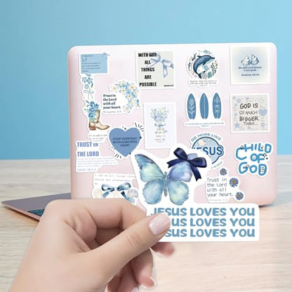 52PCS Blue Watercolor Bible Stickers - Serene Scripture Decals, Waterproof Christian Journaling Stickers for Women’s Journals, Laptops & Water Bottles (Tranquil Faith Gifts) - color: Blue Bible