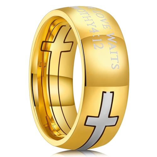 King Will Stainless Steel Men Ring Lord's Prayer Cross Ring Stainless Steel Men Wedding Ring, Wedding Band Bible Engraved Rings High Polished, Comfort Fit - color: Gold Silver