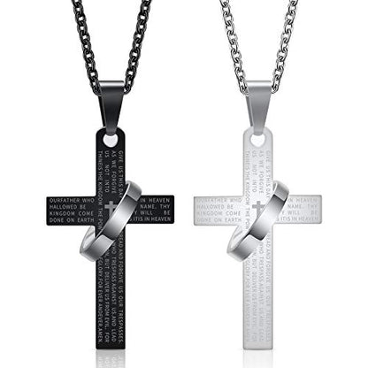 Lord's Prayer Engraved Cross Pendant Necklace with Ring Stainless Steel Religious Jewelry for Men and Women, Faith-Inspired Gift - color: Silver