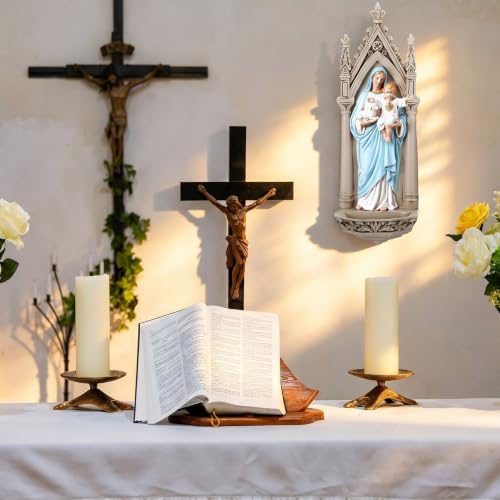 Yerliker Mary Statue and Child Holy Water Font Wall Plaque Renaissance Collection, 7.87" h, Resin Religious Gift, Inspirational Home Decor