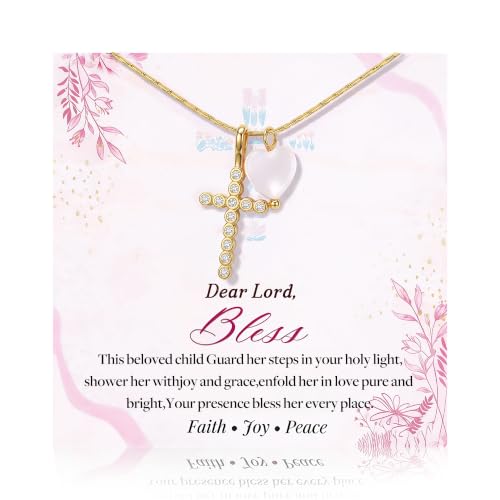 S925 Sterling Silver Cross Necklace for Girls, Baptism First Communion Confirmation Gifts, Pearl Heart Pendant Necklaces, Back to School Graduation Easter Birthday Faith Gift Age: Over 8 Years Old - style: Heart Cross 16K Gold Plated
