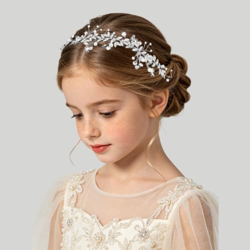 Silver Pearl Rhinestone Flower Girl Headband for Wedding