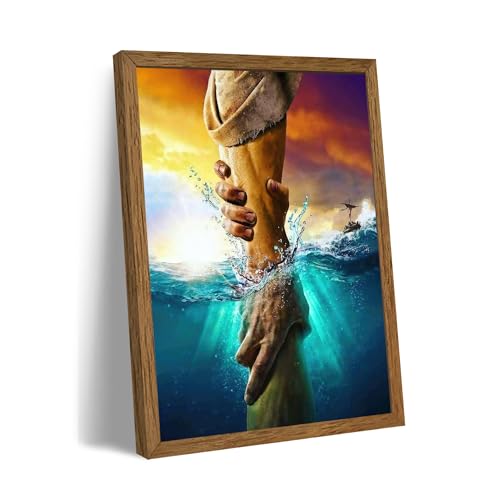 Solid Wood Framed Jesus Christ Canvas Wall Art The Hand of God Jesus Reaching Into Water Christian Painting Prints Biblical Wall Decor Religious Room Decor for Church Prayer Room Schools 12'' x 16'' - color: Jesus Hand in Hand, size: 16"L x 12"W