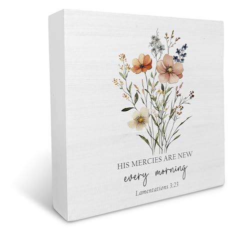 KU-DaYi Christian Wooden Box Sign, Boho Floral Bible Verse Wood Box Decorations for Home Office, Religious His Mercies are New Everything Wooden Block Plaque Desk Shelf Decor 5x5 Inch - color: His Mercies Are New Everything