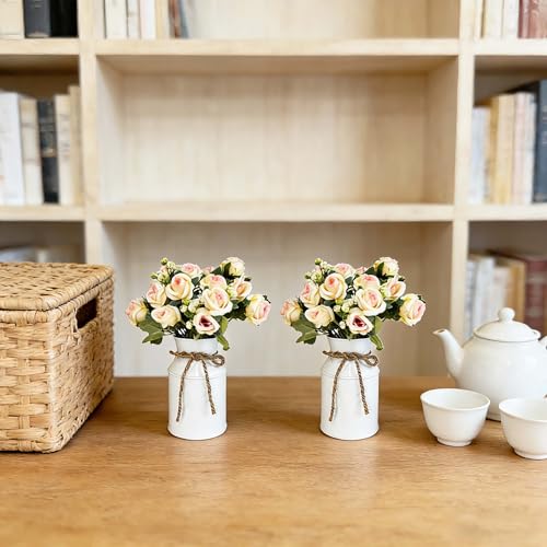 Artificial Rose Centerpiece with Metal Vase, 6 sets, White & Champagne - color: 6 White Vases & 12 Champaign Roses