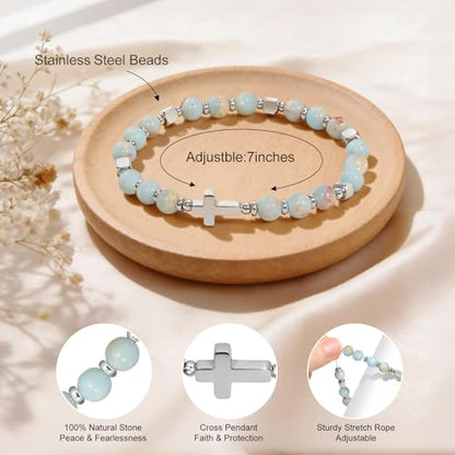 Natural Stone Stretch Bracelet for Women - Holy Water Elastic Cross Bracelet | Christmas Christian Baptism Gift, Meaningful Gifts, Unique Gift for Friends Mom Daughter Sister - style: cross-Happy Birthday