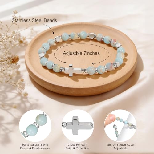 Natural Stone Stretch Bracelet for Women - Holy Water Elastic Cross Bracelet | Christmas Christian Baptism Gift, Meaningful Gifts, Unique Gift for Friends Mom Daughter Sister - style: cross-Faith