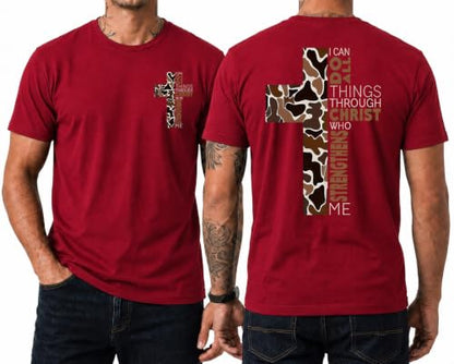 Christian Shirts for Men I Can Do All Things Through Christ Cross T-Shirt - color: Claret, size: Medium