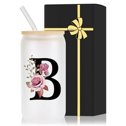Monogrammed Glass Drinking Cup With Lid Straw Women Girl Friend Birthday 16th 18th 19th 20th 21st 30th 40th 50th 60th 70th 80th 90th 45th 65th 75th 1974 1964 40 60 70 Year Old Gift Funny Meaningful,B - style: Letter B