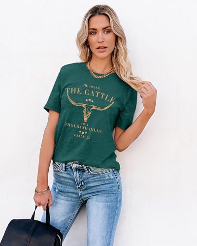 Christian Shirts for Women He Owns The Cattle On A Thousand Hills Tee Shirt Religious Bible Verse Faith Tops - color: Darkgreen, size: Medium