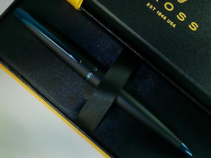 Cross ATX Refillable Special Edition Basalt black Ballpoint Pen signature blue PVD clip, finial, and center band - color: Blue/Black