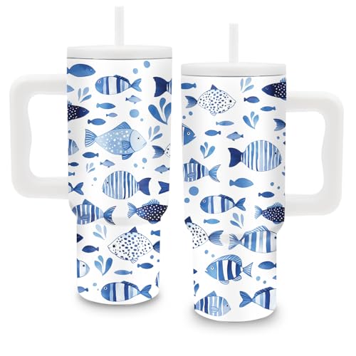 Fish Tumbler with Handle and Straw 24oz, Gifts for Ocean Lovers, Insulated - color: Fish