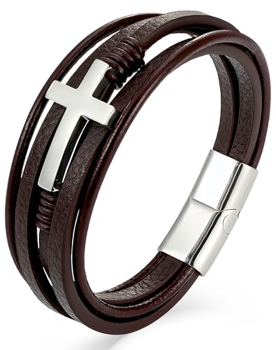 YL Mens Cross Viking Celtic Ankh Odin Compass Life Tree Leather Bracelet, 18K Gold/Black Rhodium Stainless Steel Christian Religious Protection Talisman Brown Cuff Handcrafted Jewelry Gifts - color: 18K White Gold-Cross A-Brown, size: 8.3"(210mm)