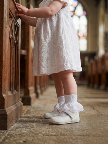 Baptism Socks for Baby Girls - White Newborn Christening Socks With Cross & Eyelet Frilly Lace - color: A-white