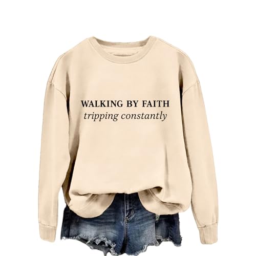 Christian Sweatshirts for Women Religious Faith Graphic Crewneck Pullover Shirts Casual Long Sleeve Inspirational Tops - color: Beige, size: X-Large