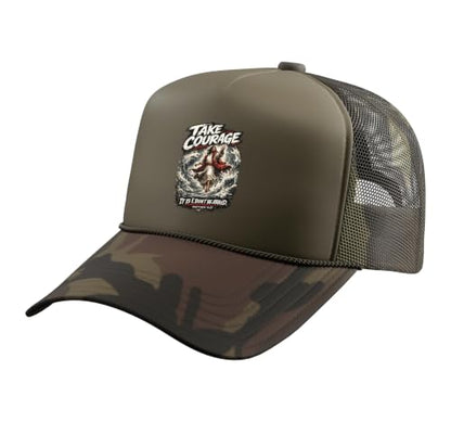 Take Courage It is I. Don't Be Afraid Bible Verse Art Trucker Hat with Adjustable Mesh Back - color: Camo Green
